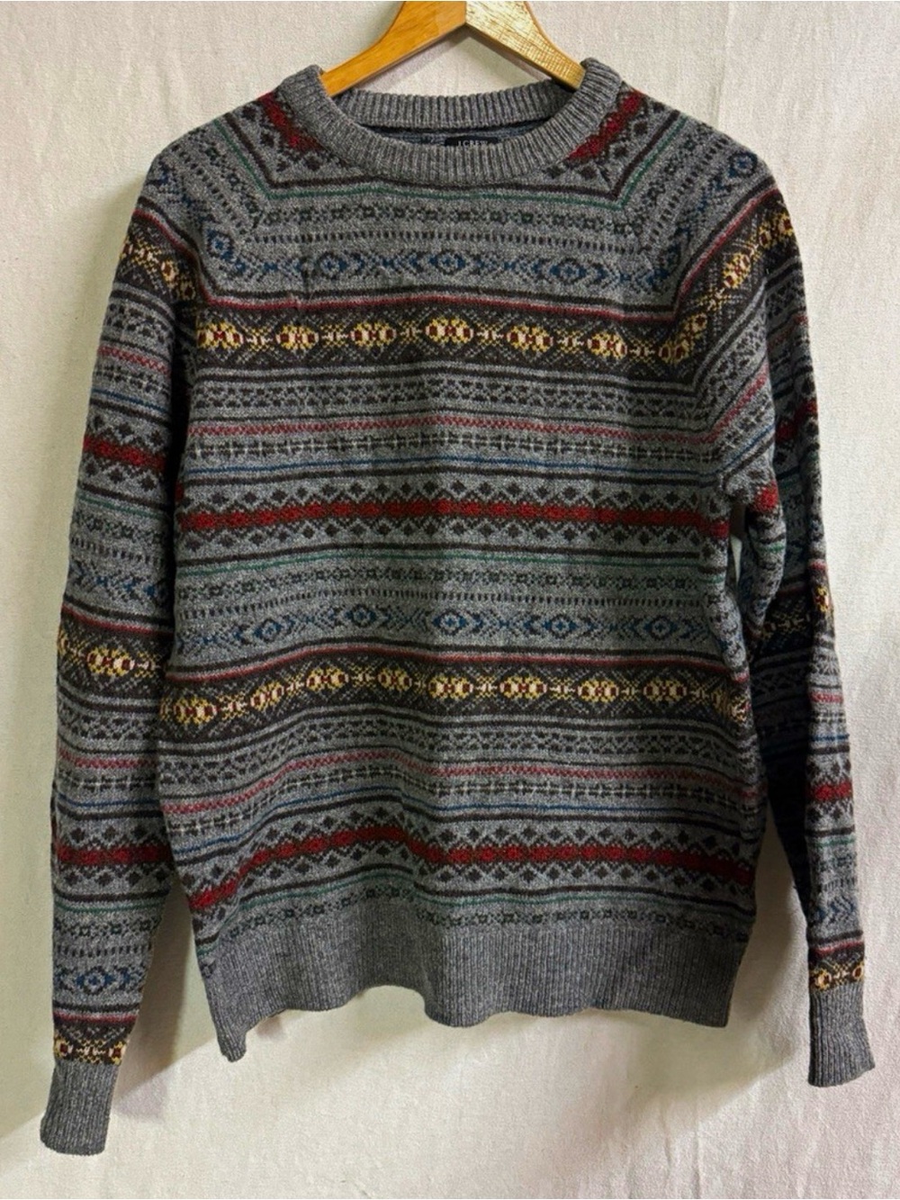 J.Crew Men’s M 100% Lambswool Fair Isle Nordic Sweater Gray Crewneck Flawed